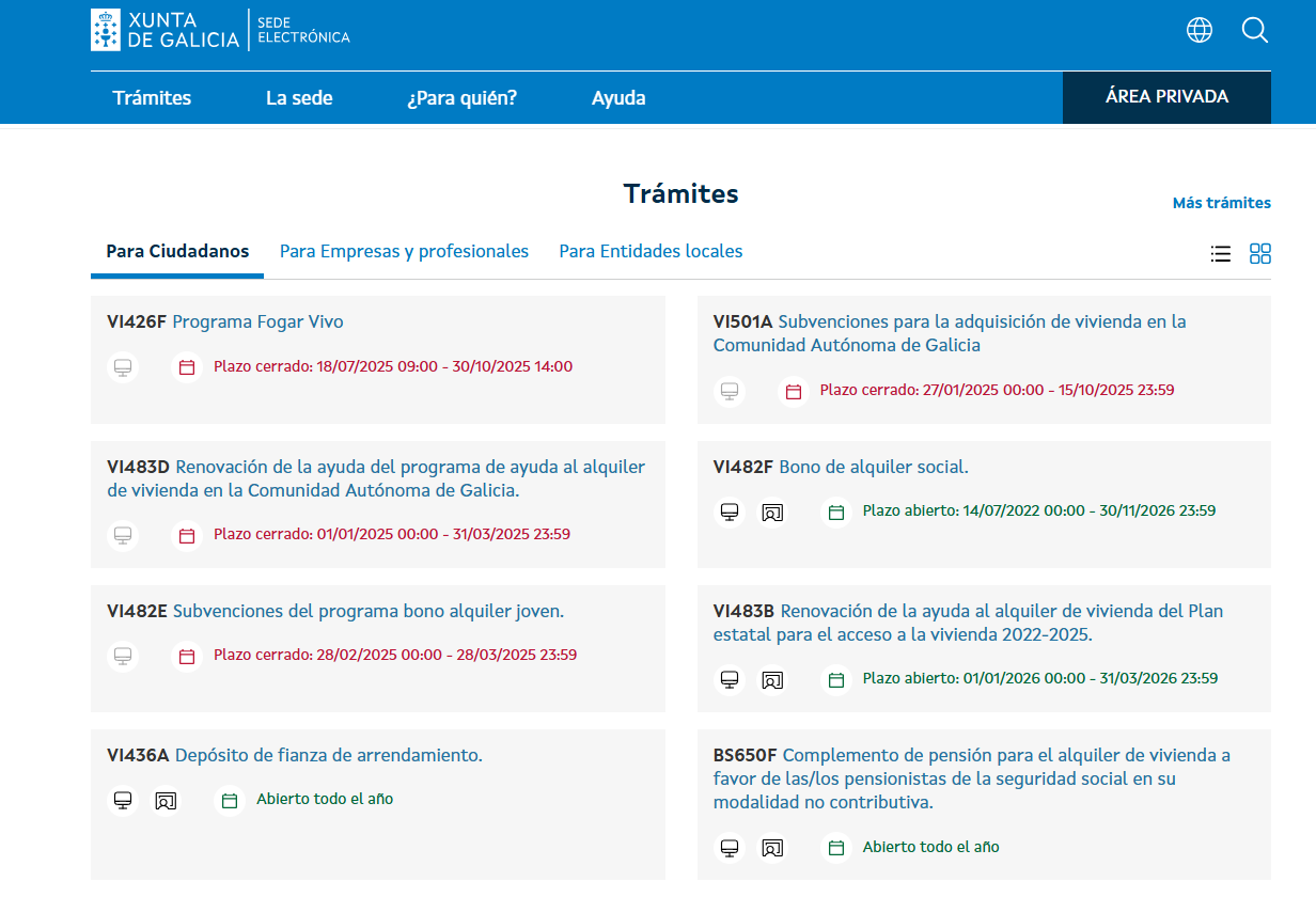 Trámites de vivenda. Sede electrónica Xunta de Galicia